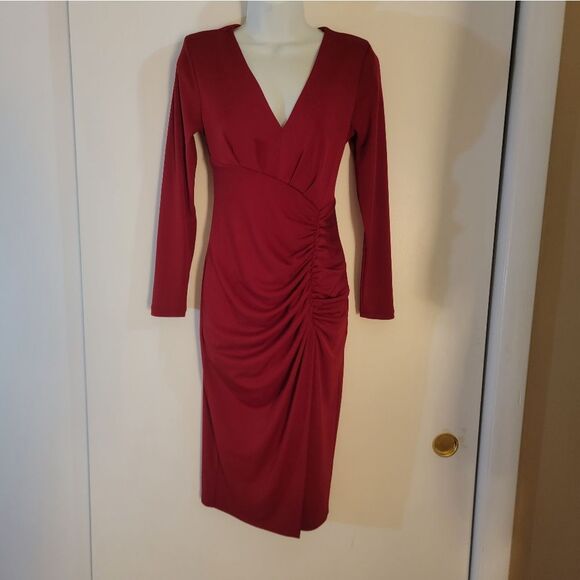 🆕️💃EXPRESS Ruched Long Sleeve Bodycon Dress, Red - Sz S - Picture 3 of 8